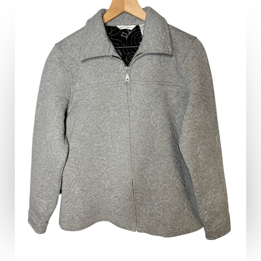 Laura Ashley Women’s Gray Quilted Embroidered  Lined Casual Full Zip Jacket Sz M